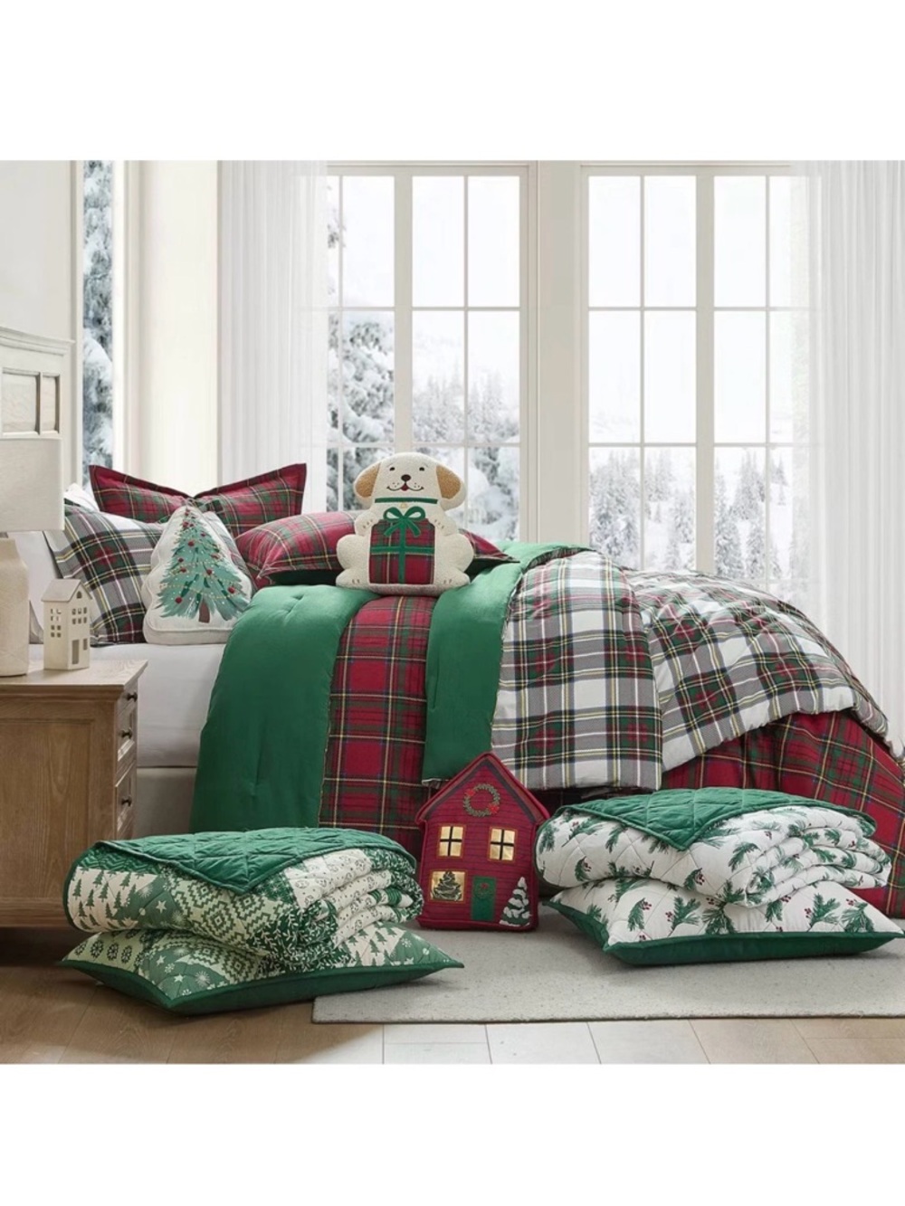 Festive Green and White Pine Branch Reversible Flannel Comforter Set ~ KING - Picture 6 of 8